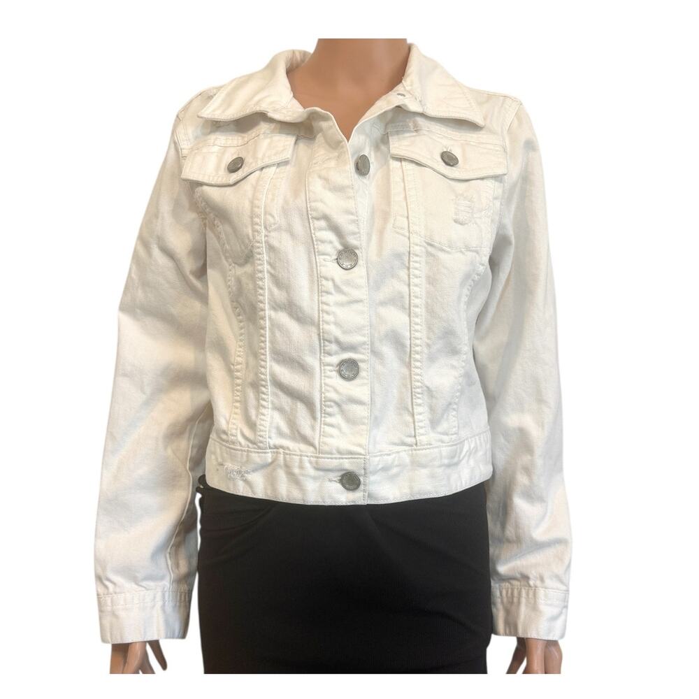 a.n.a. large distressed button front jean denim jacket C 2714